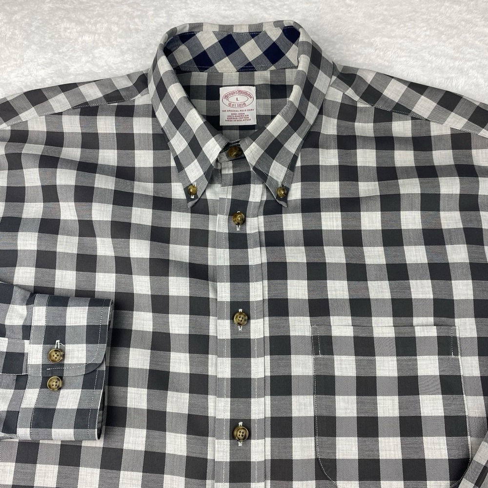 Brooks Brothers Shirt Mens Large Gray Checks Non Iron Long Sleeves